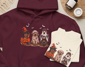 Tibetan Mastiff Halloween Trio Shirt, Witch Mummy Ghost Biker Puppies. Family Matching Gift