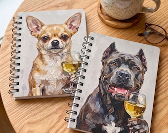 Dog Breed Spiral Notebook - Faux Oil Painting Art Dog with Wine, Lined Journal