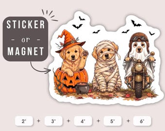 Halloween Golden Retriever Puppy Sticker or Magnet | Witch Mummy Ghost Biker Dog