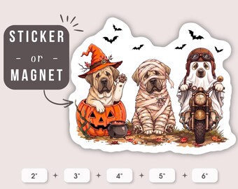 Halloween Spanish Mastiff Puppy Sticker or Magnet | Witch Mummy Ghost Biker Dog