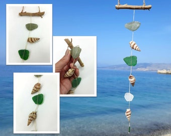 Sea glass and driftwood suncatcher, single strand mobile. Ionian Sea genuine gifts