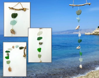 Sea glass & driftwood suncatcher, single strand mobile. Ionian Sea genuine gifts