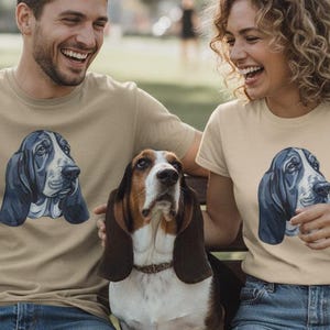 Camiseta de Basset Hound para dueños de perros, amantes de los perros de orejas largas, regalo unisex para mamá y papá, estilo patchwork de mezclilla sintética, cara de perro azul.