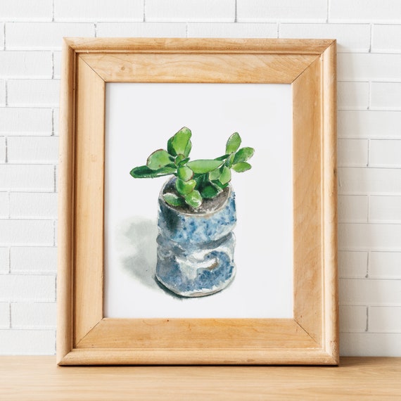 Succulent Botanical Illustration || Floral Watercolor Print, Fine Art Giclée || 8x10 in. || "Green Succulent in Handmade Pot"