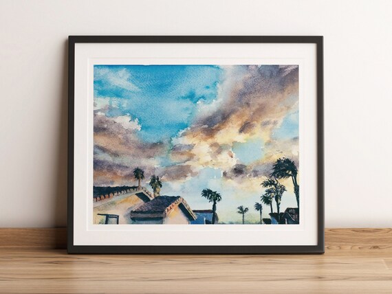 California Sunset Cloudscape || Urban Landscape Watercolor Print, Fine Art Giclée || 8x10 in. || "Cloudscape, Evening in SoCal"