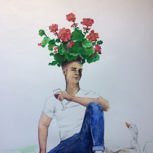 Pintura acuarela original, hombre de flores con ganso, sin marco, hecho a mano
