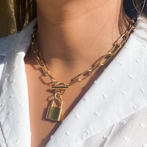 Lock Paperclip Chain Necklace, Lock Chain Link Necklace, Lock Chain Layering Necklace, Lock Chain Necklace, Rectangular Chain Necklace