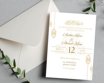 May include: White invitation card with gold text and design, including the names Aisha Khan and Ahmed Khan, and the date April 12. The invitation is accompanied by a white envelope and decorative elements.