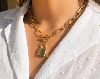 Lock Paperclip Chain Necklace, Lock Chain Link Necklace, Lock Chain Layering Necklace, Lock Chain Necklace, Rectangular Chain Necklace