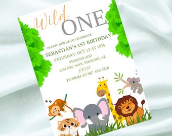 May include: A white invitation with green foliage and a gray and orange "Wild One" title. The invitation is for Sebastian's 1st birthday party at the Phoenix Zoo on October 12th at 1 pm. The invitation features a cartoon illustration of a giraffe, elephant, tiger, monkey, and koala.