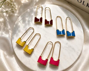 Color Padlock Earrings, Stainless Steel Safety Pin Pendant