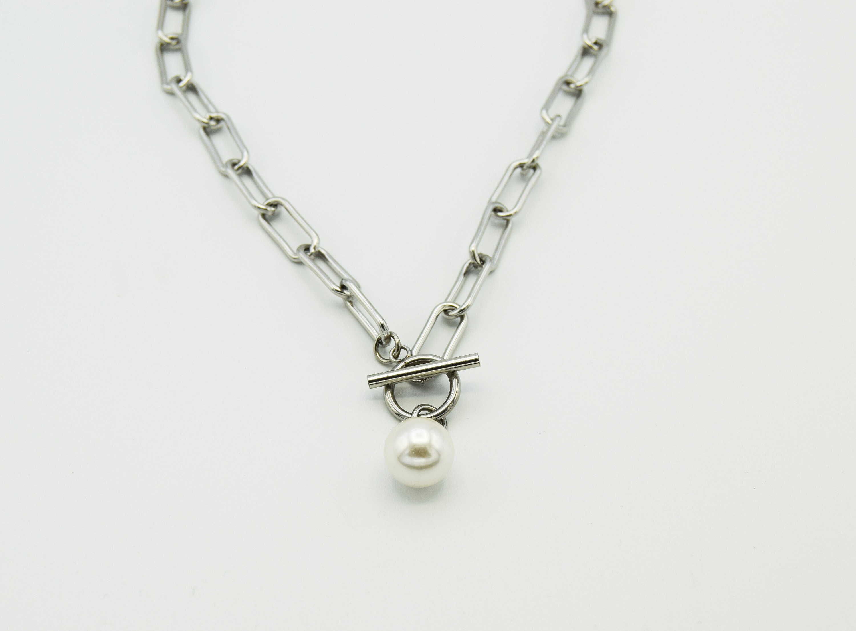 Pearl Paperclip Chain Necklace Pearl Chain Link Necklace Etsy UK