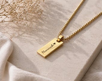 Personalized Engraved Mens Bar Necklace, Custom Name Jewelry, Stainless Steel Thin Chain