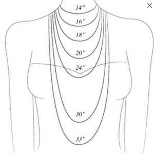 May include: A black and white line drawing of a torso showing seven different necklace chain lengths. The lengths are labeled as 14 inches, 16 inches, 18 inches, 20 inches, 24 inches, 30 inches, and 33 inches, illustrating how each chain sits on the chest.