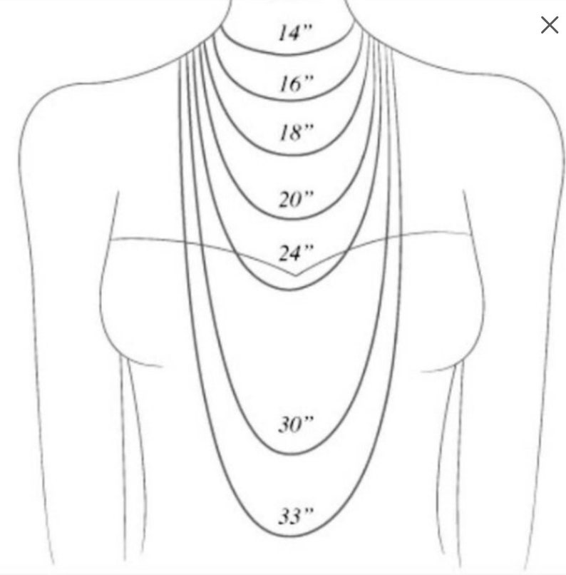 May include: A black and white line drawing of a torso showing seven different necklace chain lengths. The lengths are labeled as 14 inches, 16 inches, 18 inches, 20 inches, 24 inches, 30 inches, and 33 inches, illustrating how each chain sits on the chest.