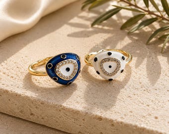 Adjustable Evil Eye Ring, Studded Bling Ring