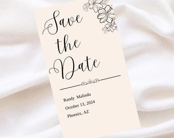 May include: Save the Date card with a floral design in the top right corner. The text reads "Save the Date", "Randy Malinda", "October 13, 2024", and "Phoenix, AZ".