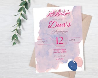 May include: An invitation card with a watercolor design in shades of pink and blue. The card includes text in both English and Arabic, with the name "Dua's" prominently displayed. Two balloons are at the bottom right.