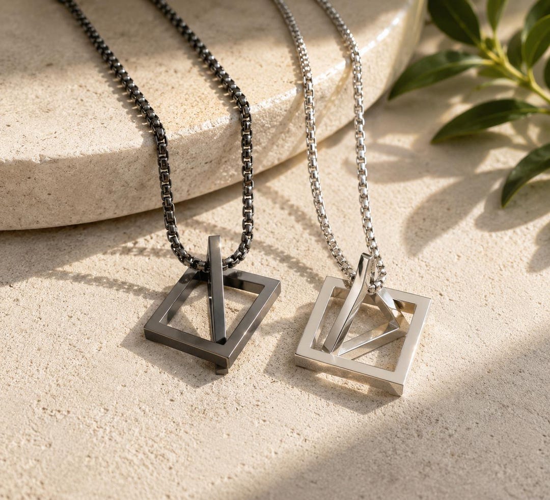 Triangle Interlocking Chain Pattern Interlocking Triangle Square Pendant Necklace, Geometric Stainless ...