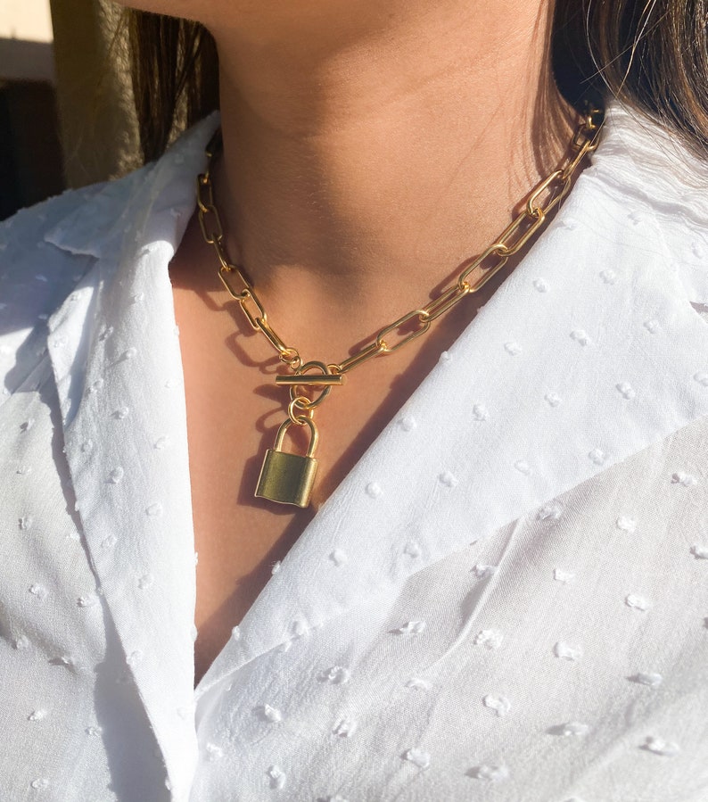 Lock Paperclip Chain Necklace, Lock Chain Link Necklace, Lock Chain Layering Necklace, Lock Chain Necklace, Rectangular Chain Necklace 