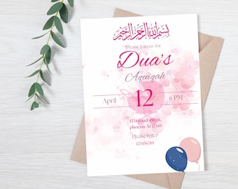 May include: A white invitation card with pink floral accents and text in Arabic and English. The card reads "Please join us for Dua's Aquizah" with the date April 12 at 6 PM. Two balloons are at the bottom.