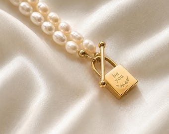 Freshwater Pearl Lock Necklace, Gold Toggle Clasp Choker
