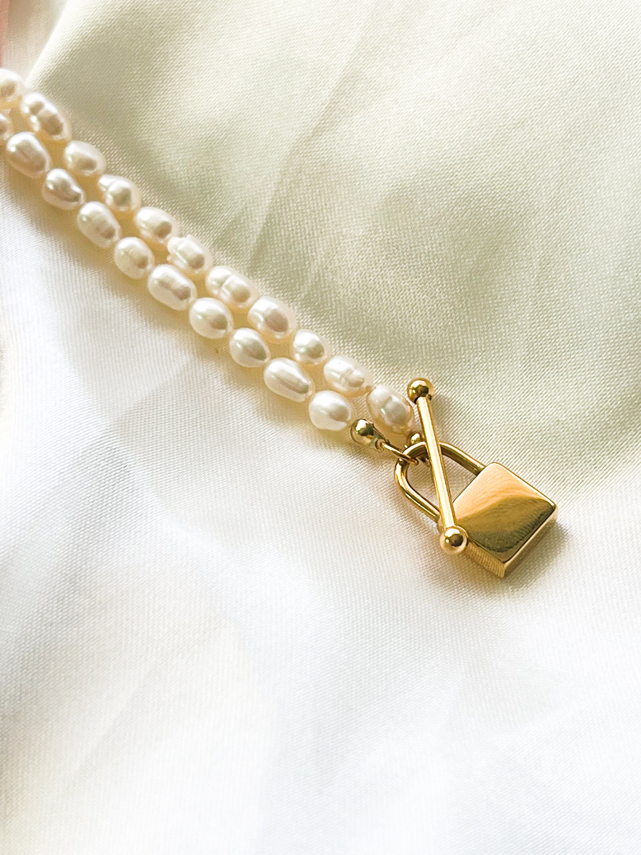 Repurposed Vintage Louis Vuitton Lock & Key Necklace (Lock- Pearl Necklace (15 in + 2 in ext))