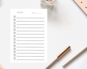 May include: A black and white printable to-do list with a trash can icon next to each line. The list has 18 lines for writing tasks. The text at the top of the list says "To Do List" and "Date".