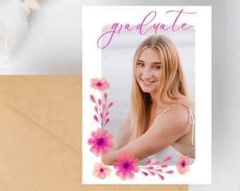 Pink Floral Grad Party Invitation - Graduation Announcement - Simple Grad Card Template - Custom Graduation Invitation Template