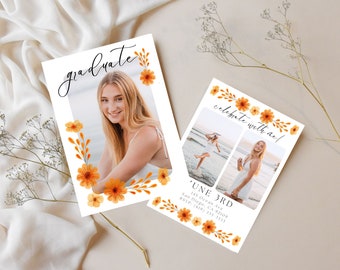 Wildflower Graduation Announcement Template - Floral Graduation Party Invite - Canva Template - Graduation Photo Card