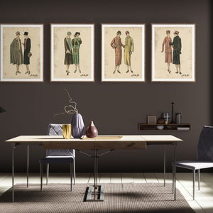 May include: Four framed illustrations of women in vintage clothing, each with two women standing side-by-side. The illustrations are in a muted color palette with a beige background. The frames are brown wood.
