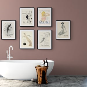 Set of 6 Vintage Lingerie instant downloadable digital wall art prints. Romance, vintage corsets, girdles, ff stockings, lingerie, glamour