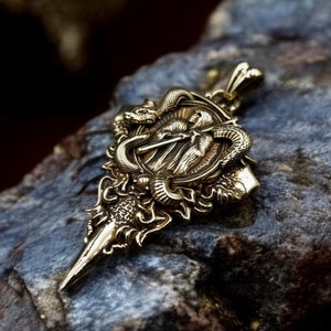 Santa Muerte Pendant with Snake, Mexican day of the dead Brass Jewelry For Gift