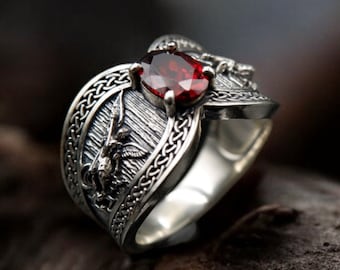 Sterling Silver St. Michael Ring, CZ Red Stone, Mens Signet