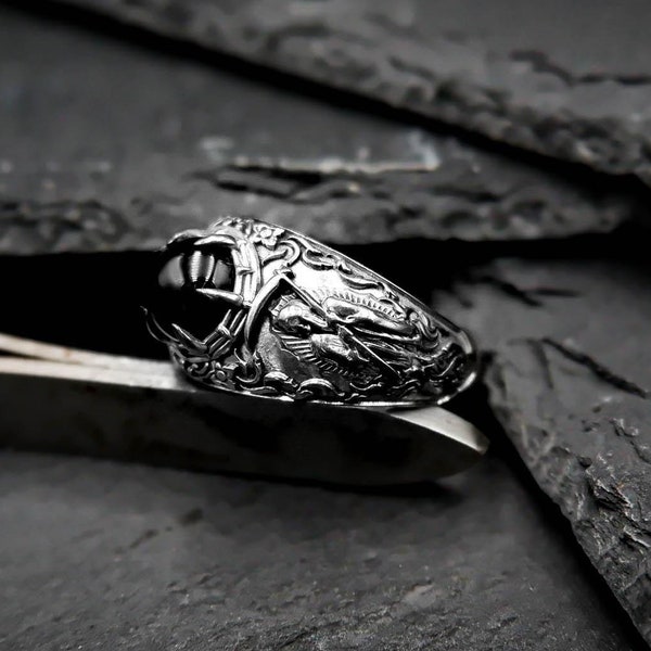 925 Sterling Silver Onyx Santa Muerte Ring, Mexican Day of the Dead Jewelry