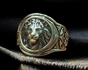 Brass Lion Head Signet Ring, African Jewelry