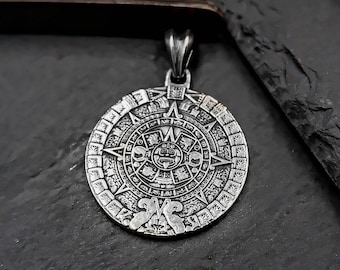 925 Sterling Silver Aztec Calendar Pendant, Mayan Mexico Charm