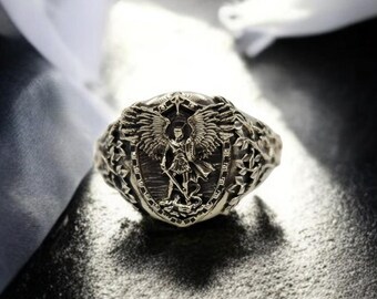 Saint Michael Dragon Wings Ring: Christian Brass Jewelry