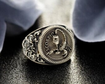 Zodiac Scorpio Skull Brass Ring, Gothic Horoscope Jewelry