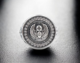 925 Sterling Silver Ancient Egyptian Scarab Beetle Ring, Amulet Seal