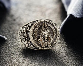 Anubis Signet Ring, Ancient Egyptian God Brass Mens Jewelry
