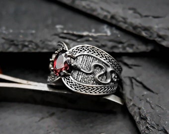 Sterling Silver Snake Ring, CZ Red Stone, Animal Signet Jewelry