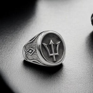 Poseidon Symbol Trident Rings, Poseidon Ring, Mens Signet Ring Silver Gift For Men&#39;s