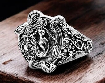 925 Sterling Silver Mermaid Ring with Snake For Men Women Good luck Jewelry