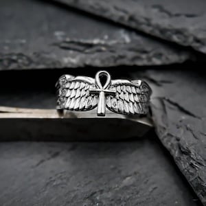 Egyptian Cross Ankh Ring, Old Egypt Ring with Angel wings Talisman Protective Amulet Ring 925 Sterling Silver Gift For Men&#39;s