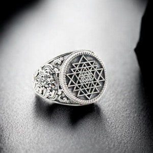 925 Sterling Silver Sacred Mandala Sri Yantra Seed of Life Ring, Mandala Ring, Sacred Geometry Jewelry Gift Ideas for him, her Father&#39;s Day