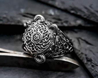 Anel Viking Valknut de Prata Esterlina 925 com Cobra - Joias Nórdicas