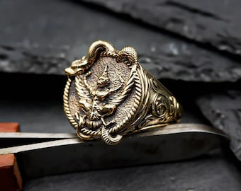 Garuda Snake Brass Ring: Thai Amulet, Lucky Buddha Gift