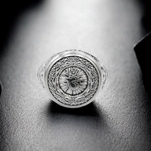 925 Sterling Silver Sahasrara Chakra Ring, AUM Ohm Hindu Yoga Om Mantra Talisman Protective Amulet Jewelry Gift Ideas for him
