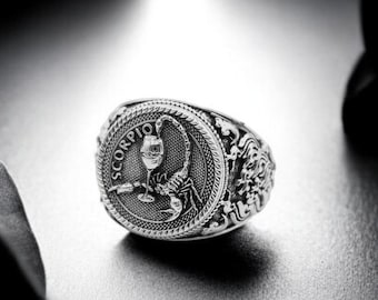 925 Sterling Silver Scorpio Skull Ring, Gothic Horoscope Jewelry